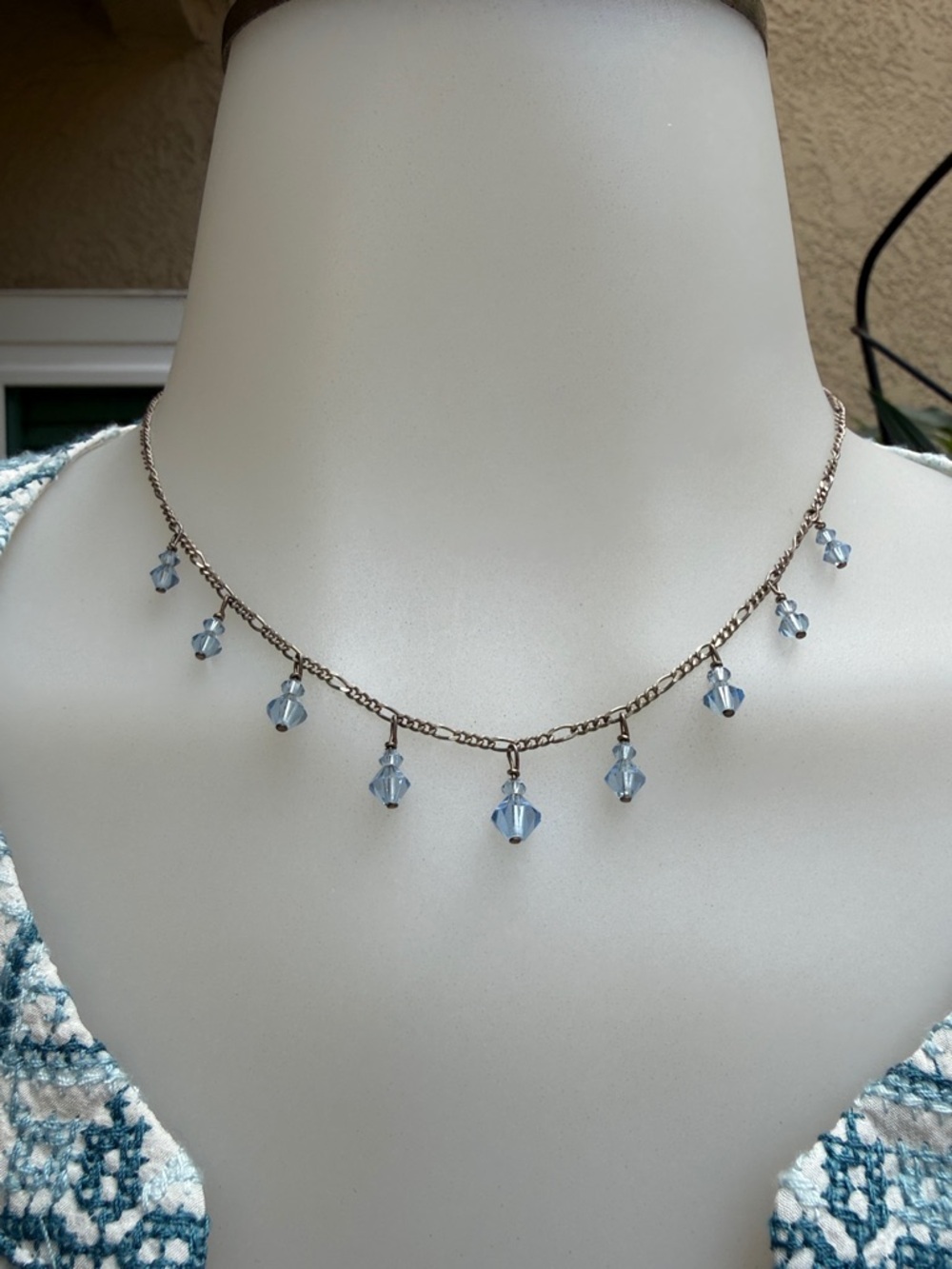 Vintage Delicate Blue Crystal Dangle Necklace on a sterling silver chain